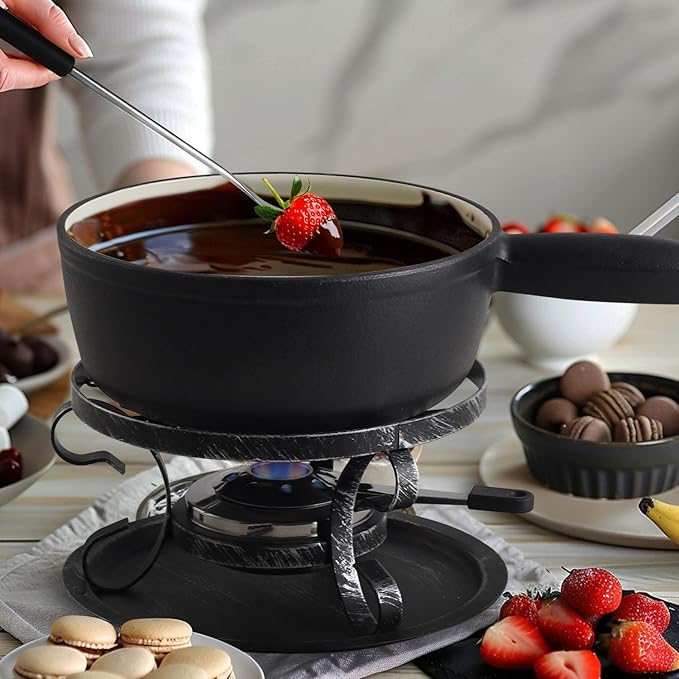 Artestia Cast Iron Fondue Pot Set for Cheese & Chocolate, Fondue Set for 6 with Burner & 6 Forks, Swiss Fondue Pot for Party, Family & Gift, Black