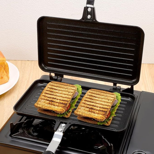 Hemoton Double-Sided Non-Stick Sandwich Baking Pan 14X9.44 Inch Ergonomic Handle Grill Plate for Stovetop Cooking Breakfast Waffles Toasts Omelets