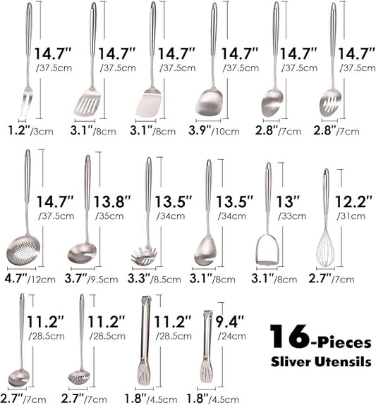 18/10 Stainless Steel Cooking Utensils Set - 16 PCS All Metal Serving Utensils, Kitchen Tools - Whisk, Masher, Fork, Tongs, Solid/Slotted Spoon, Spatula, Turner, Ladle, Skimmer, Pasta, Large Spoon Set