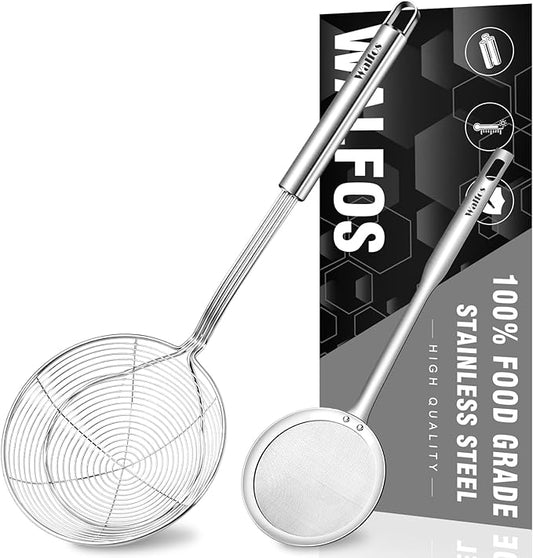 Walfos 7 inch Extra Large Spider Strainer - Stainless Steel Fryer Scoop & 4 in Skimmer Spoon, Set of 2 - Kitchen Spider Skimmer Strainer With Handle, For Cooking, Frying, Pasta, Egg, Foam