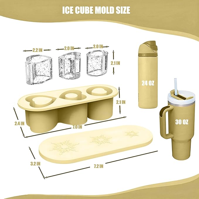 Ice Cube Trays for Stanley Cup 20 30 40 OZ Tumbler Ice Mold Heart Shape Silicone Ice Cube Tray with Lid, Stanley Ice Mold and Maker Ice Cube for Cocktails, Whisky, Juice (20-30 OZ, Yellow)
