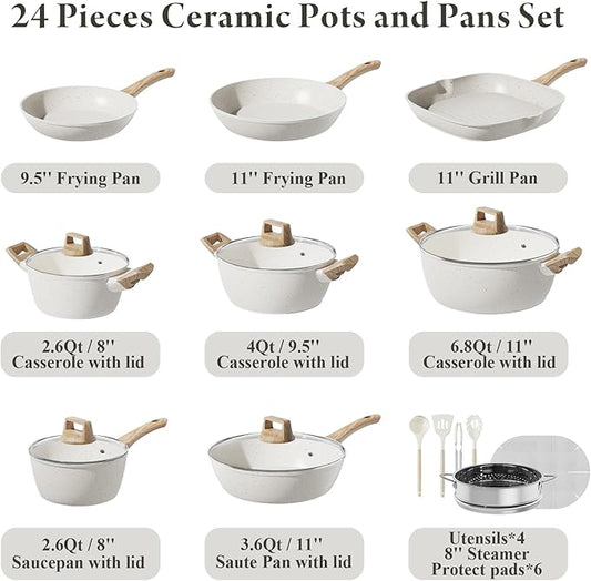 24 Pcs Pots and Pans Set, Non Stick Ceramic Cookware Set with 3 Stockpots, Healthy Non-Toxic, Large Capacity, Induction Compatible, PFAS/PTFE/PFOA Free, Cream White