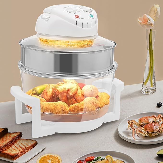 trggvvrt 17L/17.96Qt Turbo Electric Glass Air Fryer w/ 2 Grill, Electric Turbo Convection Oven Roaste, 360° Viewable Airy Fryer with Expansion Ring, Multifunction Oilless Halogen Oven
