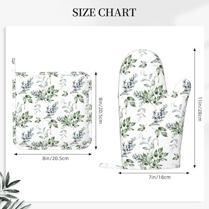 Sage Green Branches Silicone Oven Mitts and Pot Holders Sets Holly Leaves Kitchen Mitts Watercolor Berries Potholder Kitchen Accessories for Cooking Baking BBQ