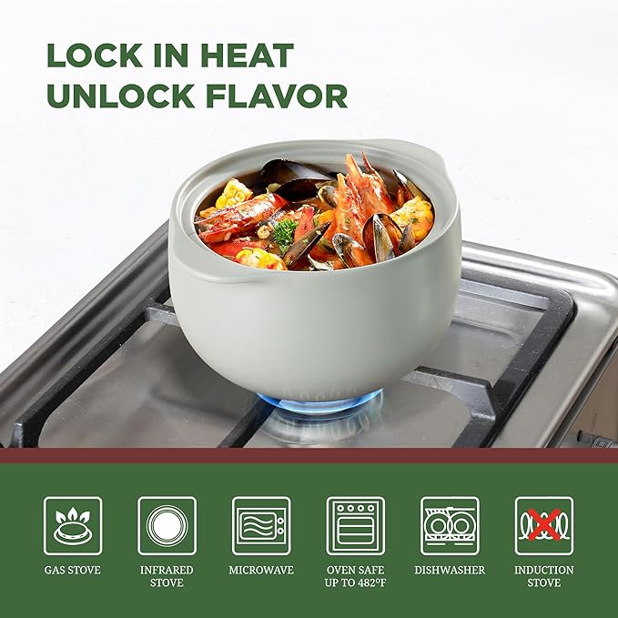 MINH LONG 2-Qt Porcelain Dutch Oven with Lid – Lead & Cadmium Free, Oven Safe to 482°F, Heat Retention, Clay Pot for Cooking on Gas & Infrared Cooktop, Use to Marinate, Cook, Bake, Refrigerate & Serve