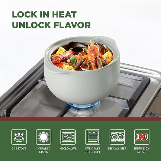 MINH LONG 2-Qt Porcelain Dutch Oven with Lid – Lead & Cadmium Free, Oven Safe to 482°F, Heat Retention, Clay Pot for Cooking on Gas & Infrared Cooktop, Use to Marinate, Cook, Bake, Refrigerate & Serve