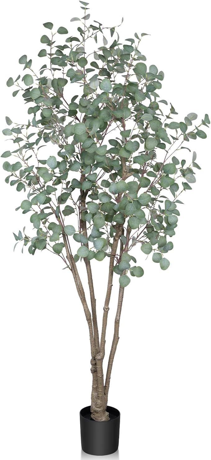 7FT Artificial Eucalyptus Tree Indoor, Tall Faux Eucalyptus Plant with Pre-Potted Realistic Silk Leaves and Trunk, Fake Eucalyptus Tree for Office Living Room Bedroom Foyer Porch Home Corner Decor
