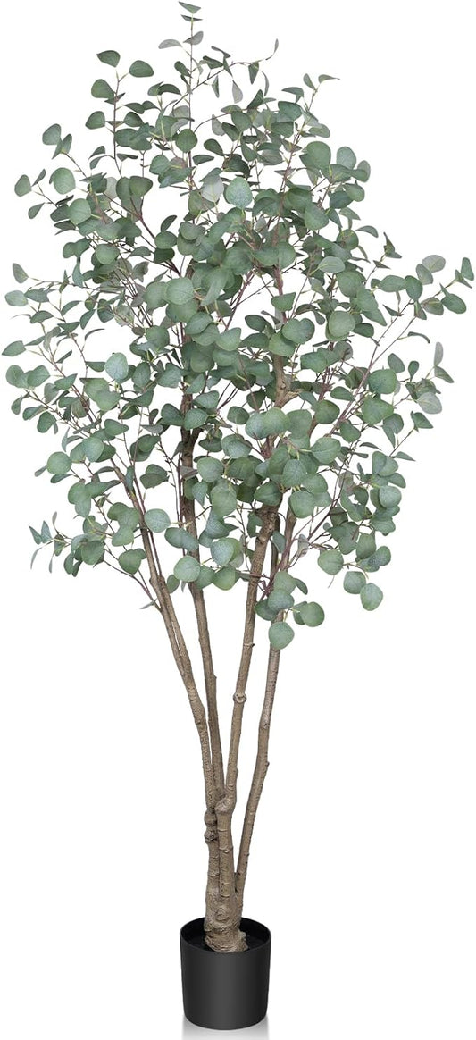 7FT Artificial Eucalyptus Tree Indoor, Tall Faux Eucalyptus Plant with Pre-Potted Realistic Silk Leaves and Trunk, Fake Eucalyptus Tree for Office Living Room Bedroom Foyer Porch Home Corner Decor