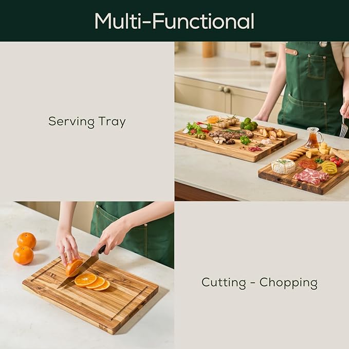 EZ FURNITURE Small (S) Teak Wood Premium Cutting & Serving Board, Knife Friendly, Pre-Oiled End Grain with Juice Groove & Handles, Non-Toxic (14"Lx10"Wx1"Th, 3.75lbs)