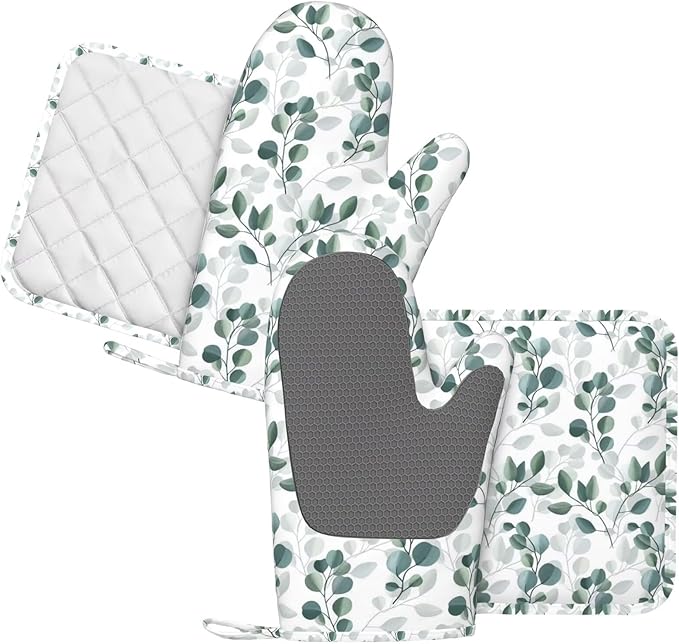 Green Eucalyptus Silicone Oven Mitts and Pot Holders Sets Green White Botanical Leaves Kitchen Mitts Green Leaf Plant Potholder Kitchen Accessories for Cooking Baking BBQ
