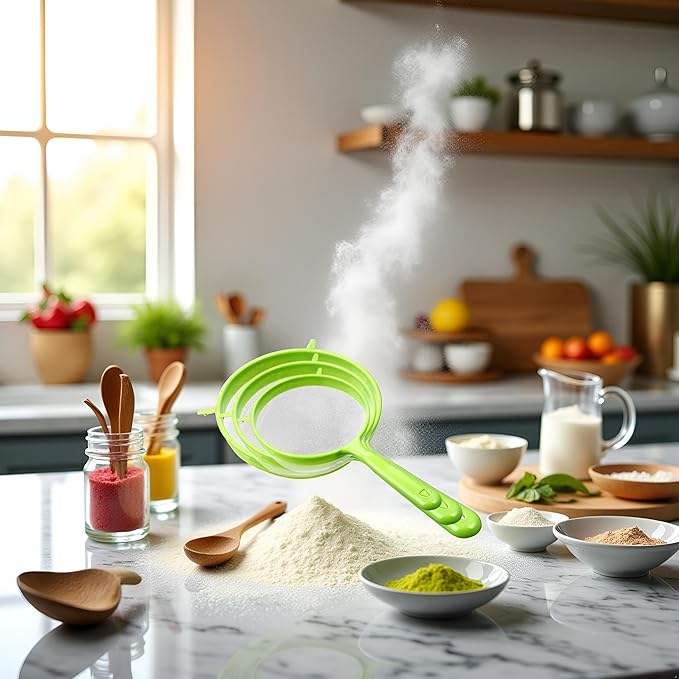 3 PCS/Set Flour Sifter with Long Handle, Plastic Hangable Flour Colander Powder Filter Strainer Fine Mesh Colander Coffee Filter Tea Strainer, Strainers and Colanders and Food Strainers（Green）