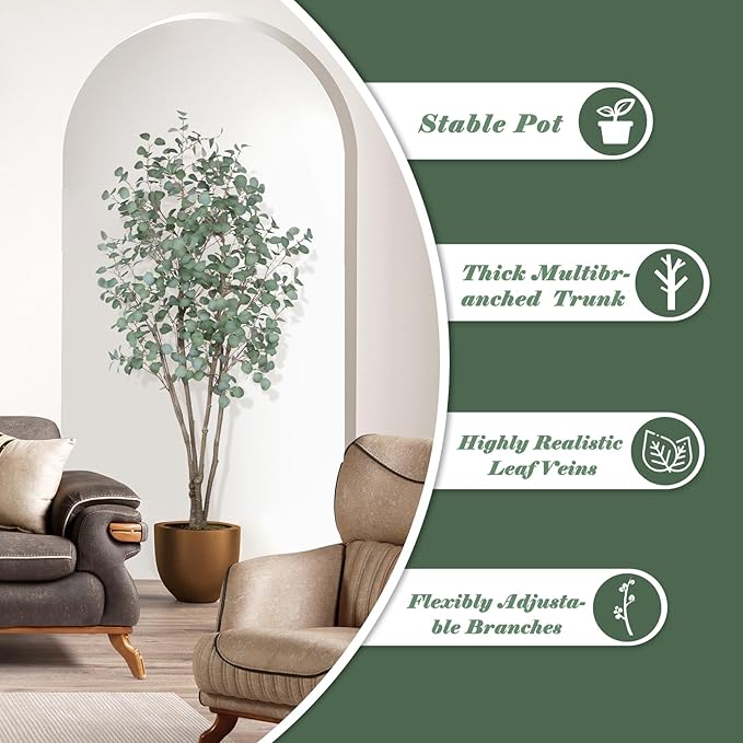 7FT Artificial Eucalyptus Tree Indoor, Tall Faux Eucalyptus Plant with Pre-Potted Realistic Silk Leaves and Trunk, Fake Eucalyptus Tree for Office Living Room Bedroom Foyer Porch Home Corner Decor