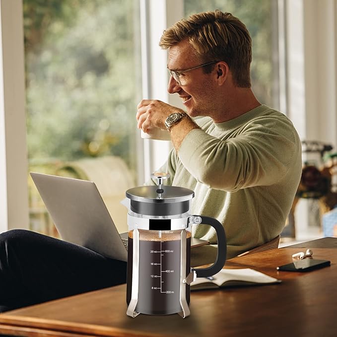 Nukeekee French Press Coffee Maker,34oz 304 Stainless Steel with 2 Filter, Heat Resistant Durable, Easy to Clean, Borosilicate Glass Press, BPA Free Glass TeaPot-34 Ounce 1 Liter (Chrome)