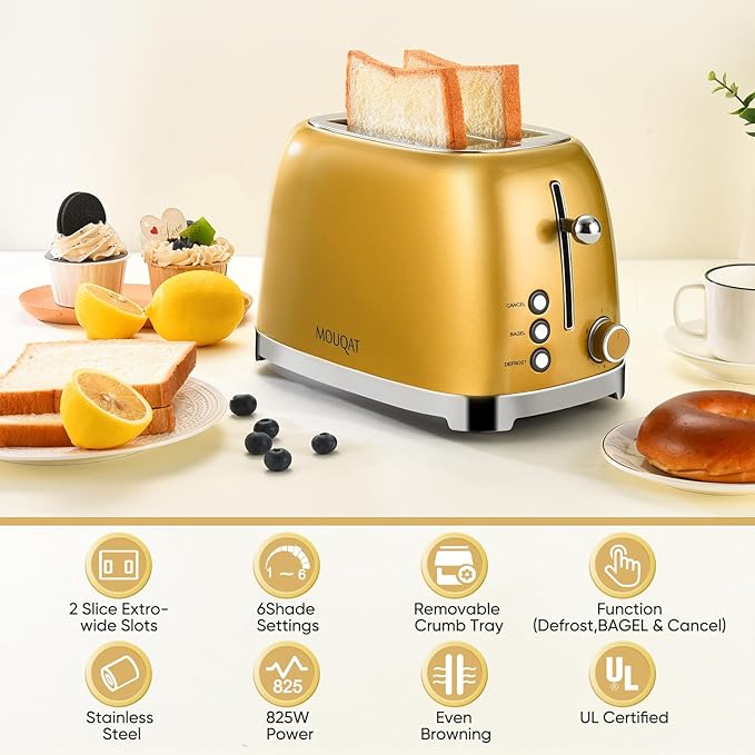 Mouqat Gold 2 Slice Toaster, Wide Slot Stainless Steel, 6 Shade Settings, Bagel, Defrost & Cancel Functions, Removable Crumb Tray, Different Toast Sizes, Cord Wrap, 825w