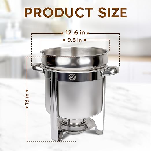 11 QT Soup Chafer Station with Contemporary Marmite Water Pan, Stainless Steel, Including Fuel Holder & 6 Oz Ladle - Perfect for Buffets, Catering, and Events