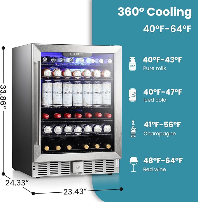 Antarctic Star 166 Can Beverage Refrigerator Cooler, 5.1 Cu.Ft Mini Fridge with Safety Lock, Beverage Cooler with Glass Door/LED Light/Adjustable Removable Shelves for Home/Office/Bar(Stainless Steel)