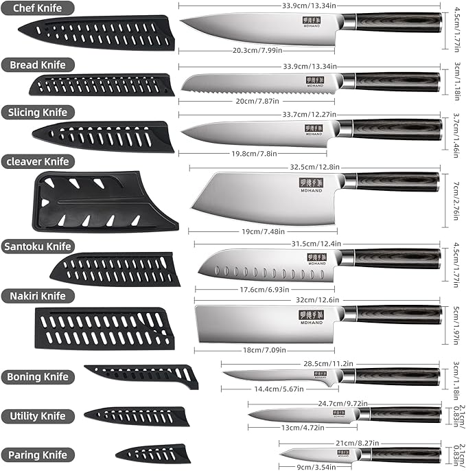 MDHAND Chef Knife Set with Roll Bag, 10PCS Professional Knife Set with Sharpener, High Carbon Stainless Steel Japanese Kitchen Knives - Black Pakkawood Handle, Dishwasher Safe, For Cooking, Chef Gifts