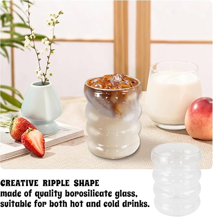 Ribbed Glass Cup 10 Oz Vintage Drinking Glassware Creative Small Ripple Glasses for Iced Coffee Juice Beverage Milk Cocktail Cute Wavy Glass Cups