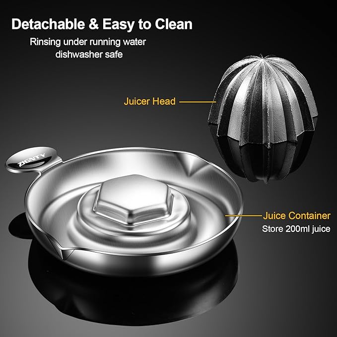 Lemon Squeezer Stainless Steel, Heavy Duty Manual Hand Juicer, Premium Citrus Reamer Juicer Rotation, Lime Orange Fruit Squeezer, 200ML Container 2 Pour Spouts, Dishwasher Safe（5-Year Warranty）