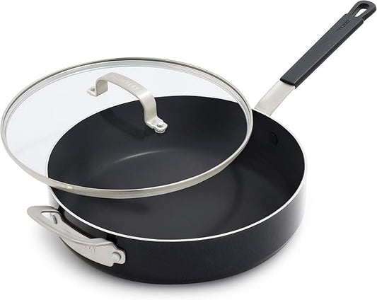GreenPan x Bobby Flay 4.5QT Nonstick Saute Pan with Glass Lid, PFAS-Free Diamond Ceramic, Induction Suitable, Stay-Cool Silicone Handle, Easy Clean Dishwasher & Oven Safe, Black