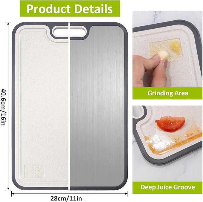 Titanium Cutting Board for Kitchen,Cutting Board Double Sided Food Grade, Pure Titanium and Wheat Straw PP,Chopping Board for Meat/Vegetables, Easy to Clean Large Size 16”×11”