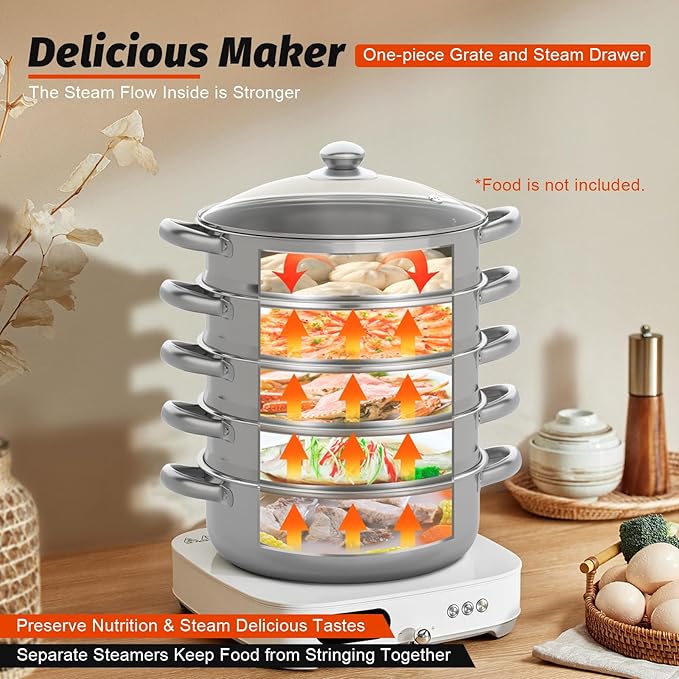 Large 5-Tier Stainless Steel Steamer Pot, Multi-Layer Stackable Food Steamer with Glass Lid, for Healthy Cooking, Steaming and Boiling, Multi-Functional Cookware (Type 1: Silver, 30cm)