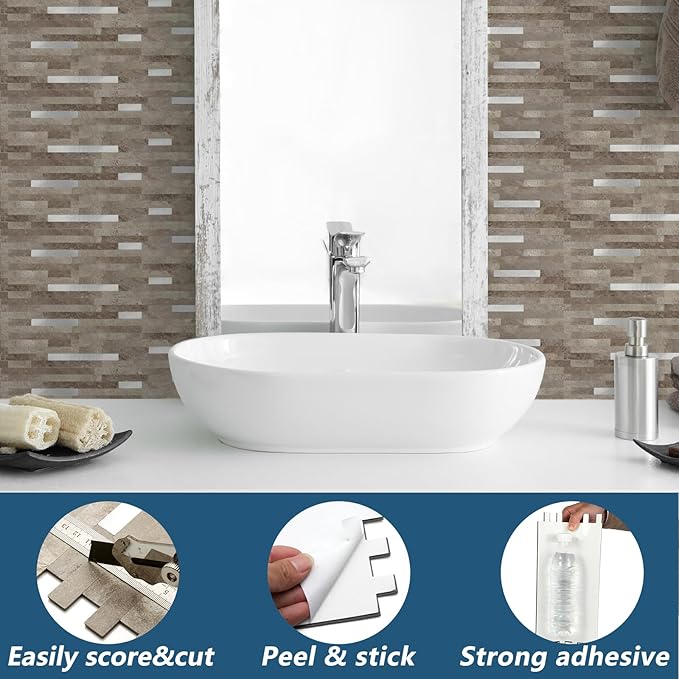 Yipscazo 10 Sheets PVC Wall Tiles Stick on Tiles for Backsplash Kitchen, Bathroom, Laundry Room, Camper, Fireplace (6'' X 12'', Brownish Stone)