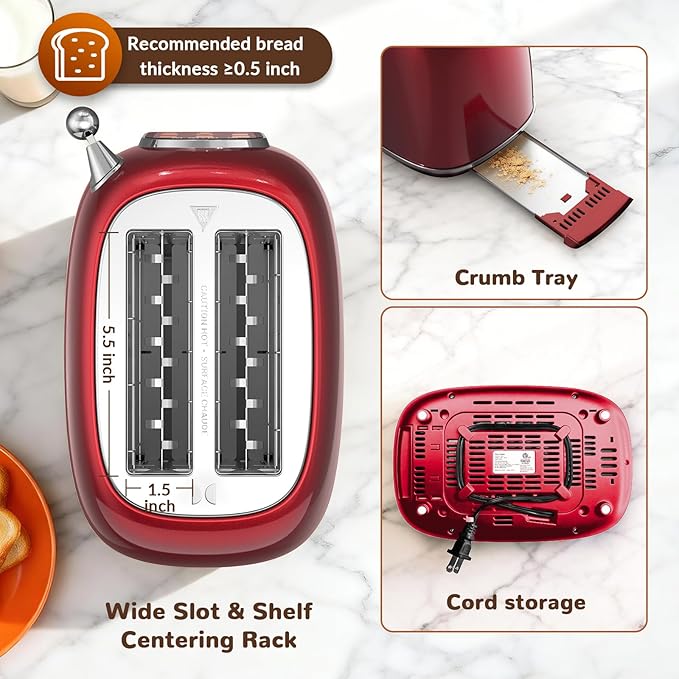 Mecity Toaster 2 Slice, Touch Screen Wide Slot Retro Toaster For Breads Bagel Muffin Waffle, House Warming Gift New Home, 120V 825W, Red Pearl