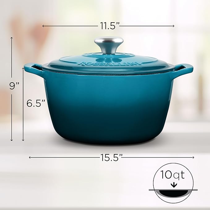 ROSSALLINI Signature Enameled Cast Iron Dutch Oven, Non-Stick Serving Pot with Tight Fitting Lid for Perfect Roasting, Baking, Sauteing, and Bread Making | 10Q (9.5L) - Ocean Blue