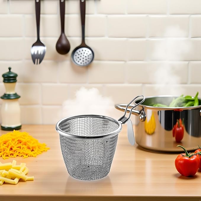 Stainless Steel Pasta Basket, Mesh Spider Food Dumpling Noodle Strainer, Fine Mesh Strainer with Handle