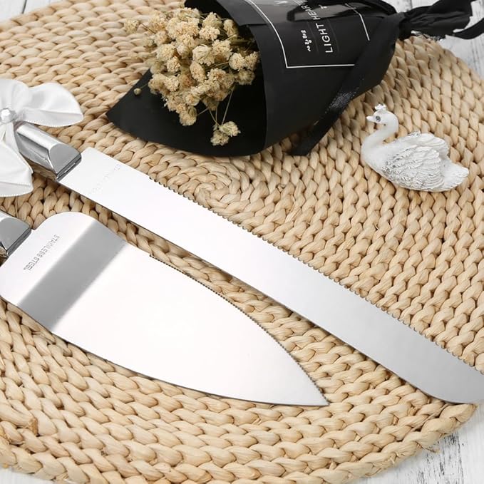Irishom Stainless Steel Wedding Cake Knife Server Set Crystal Handles Cake Cutter with Packing Box for Wedding Anniversary (White Ribbon)