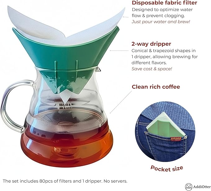 AddiOtter Pour-over Coffee Set for Home/Outdoor Adventures, Includes 80 Disposable Fabric Filters & 1 Dripper, Brew for 1-2 Cups, Enhanced Extraction Filters for Brewing Smooth & Flavorful Coffees