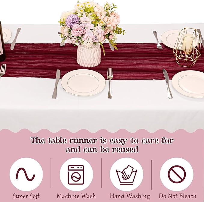 10 Pack Burgundy Cheesecloth Table Runner 6FT Boho Gauze Fabric Table Runner Vintage Rustic Sheer Runners for Wedding Party Bridal Baby Shower Long Table Decorations