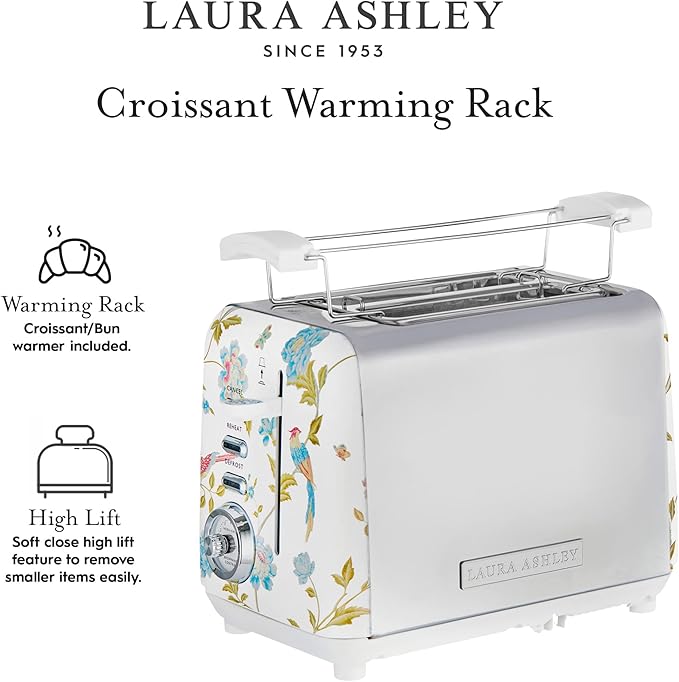 VQ Laura Ashley Elveden White Stainless Steel 2 Slice Toaster | Multi-Functional Bagels & Bread Toaster 2 Slice with Adjustable Heating & Defrost Mode | Featuring 2 Wide Slots, Croissant Warming Rack