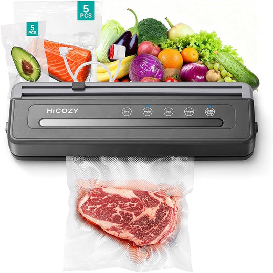 HiCOZY Compact Vacuum Sealer for Food, 5-in-1 Functions Vacuum Sealer with Detachable Drip Tray, Double Heat Seal, Built-in Cutter, 10 BPA-Free Bags, Space Gray