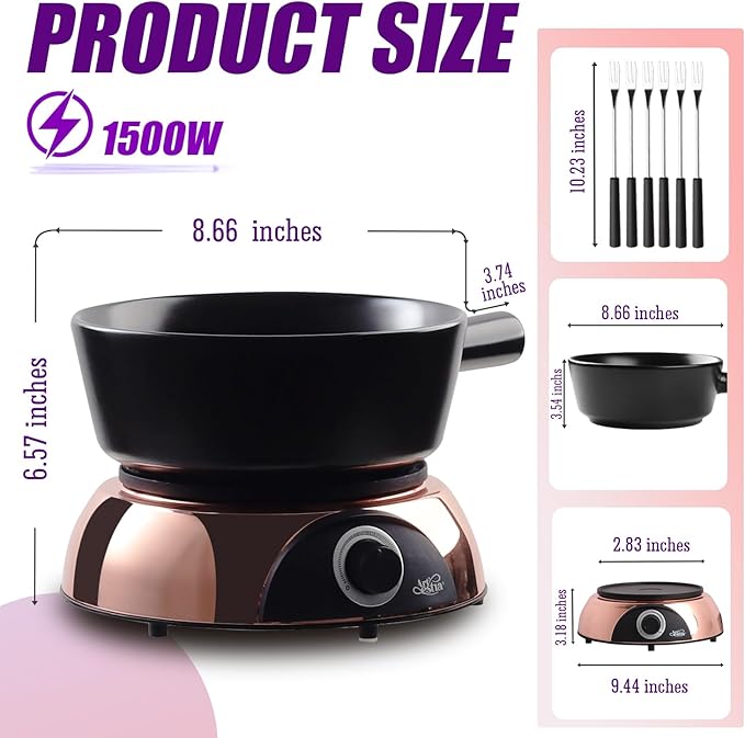Artestia Swiss Design 2-QT Electric Fondue Pot for Cheese, 1500W Ceramic Chocolate Melting Pot with Adjustable Temperature, 6 Fondue Forks, White Ceramic Pot with Rose-Gold Base (Black)