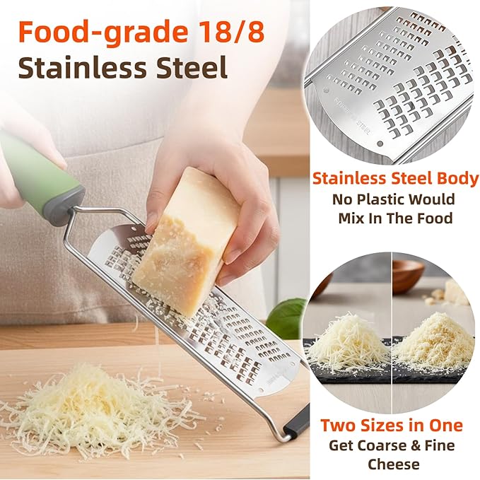 12.2" Cheese Grater, Heavy Duty 304 Stainless Steel Paddle Grater for Kitchen, Handheld Dual-Sided Coarse & Fine Shredder for Block Cheese, Nutmeg, Lemon, Ginger, Chocolate, Dishwasher Safe