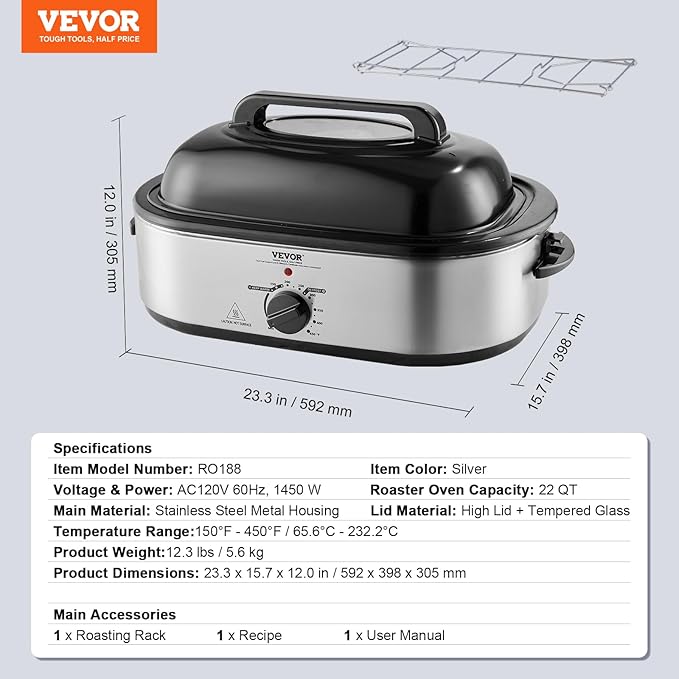 VEVOR Electric Roaster Oven, 22 QT Turkey Roaster with Self-Basting Lid, 1450W Roaster with Defrost & Warm Function, Adjustable Temp, Removable Pan & Rack, Fits Turkeys Up to 26LBS, Silver