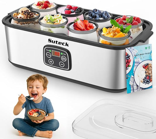Suteck Yogurt Maker - Stainless Steel Yogurt Makers with Adjustable Time & Temp Control，Automatic Shut-Off & Constant Temper for Homemade Greek, Probiotic Yogurt, BPA-Free 8 Glass Jars (48 oz), Black