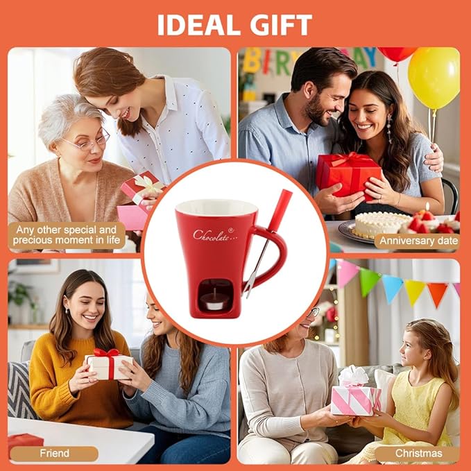 Chocolate Fondue Mugs, Chocolate Melting Cup Set with Forks Candle Warmer, Mini Ceramic Coffee Warmer Mug, Fondue Cups With Forks For Date Night Birthday Wedding Gifts (red)
