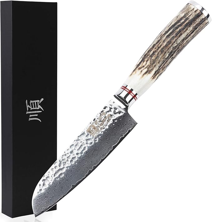 SUNLONG Santoku Knives 5 inch Japanese Hammered Damascus Natural Antlers Handle