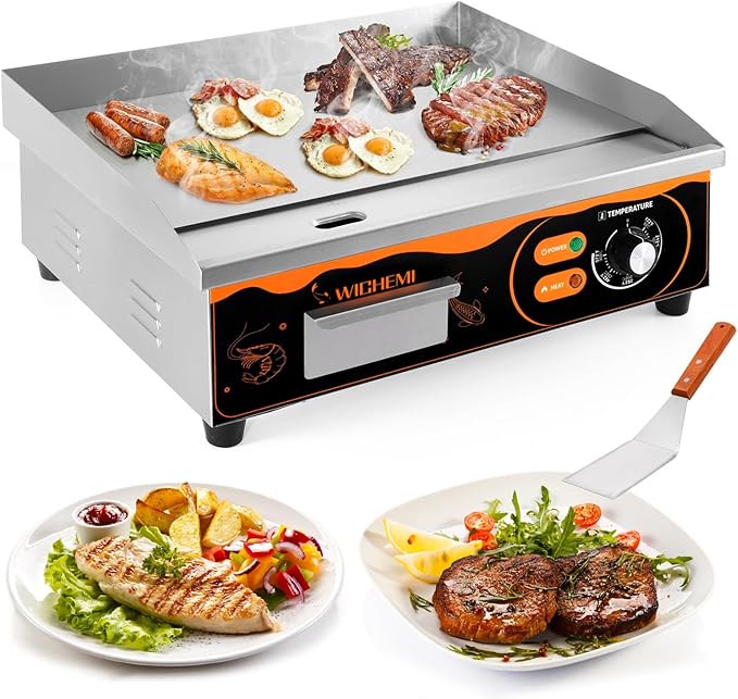WICHEMI 22" Electric Grill Commercial Countertop Griddle Flat Top Grill Hot Plate Non-Stick Stainless Steel Teppanyaki Grill for Restaurant Kitchen, 110V 3000W