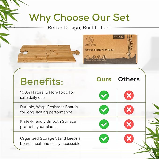 UniBrands 4pcs Bamboo Cutting Board Set with Stand | Natural Eco-Friendly Cutting Boards for Kitchen, Charcuterie Boards, Wooden Chopping Boards, Serving Tray, Wood Cutting Boards | Cocina