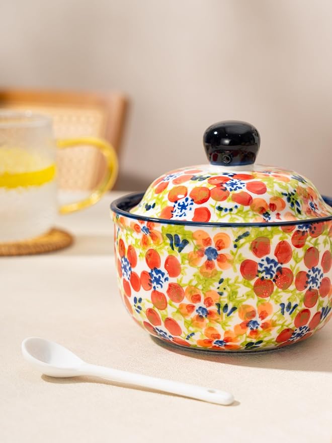 silesia Handmade Sugar Bowl with Lid and Spoon, 10 Ounce Ceramic Hand-Painted Sugar Jar for Kitchen in Gift Box, Kitchen Decor, Oven, Dishwasher & Microwave Safe, Jungle Floral