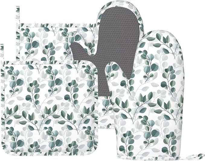 Green Eucalyptus Silicone Oven Mitts and Pot Holders Sets Green White Botanical Leaves Kitchen Mitts Green Leaf Plant Potholder Kitchen Accessories for Cooking Baking BBQ