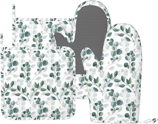 Green Eucalyptus Silicone Oven Mitts and Pot Holders Sets Green White Botanical Leaves Kitchen Mitts Green Leaf Plant Potholder Kitchen Accessories for Cooking Baking BBQ