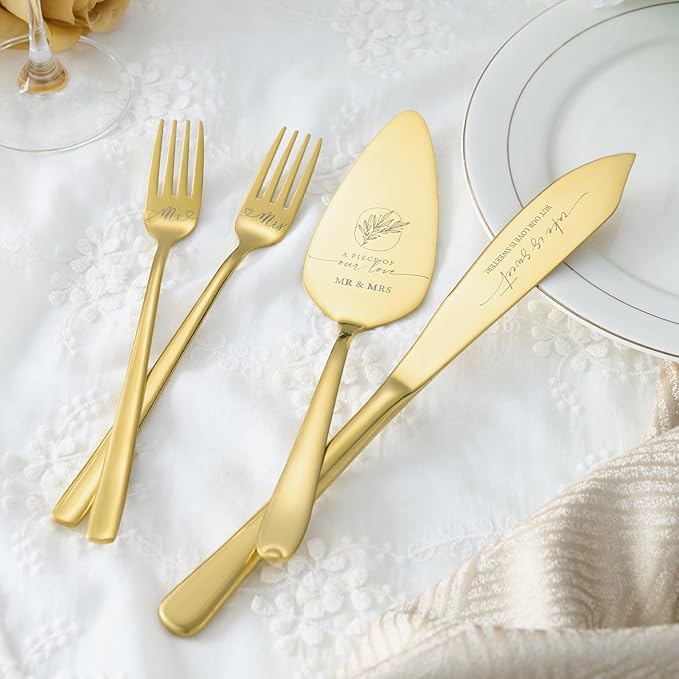 AW BRIDAL 4Pcs Wedding Cake Cutting Set with Forks, Stainless Steel Engraved Wedding Cake Knife Pie Server Gifts for Bridal Shower Engagement, Gold