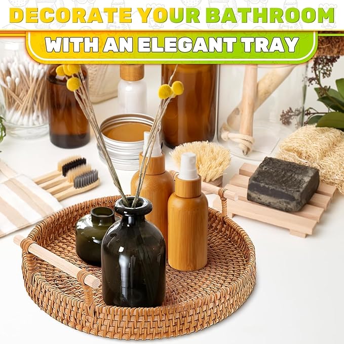 Rattan Tray 8.7-Inch Round – Woven Serving Basket with Handles – Holidays Romantic Decorative Tray for Coffee Table, Bread, Fruit, Vegetables, Restaurant & Home Use Charming Easter Styling Table Decor