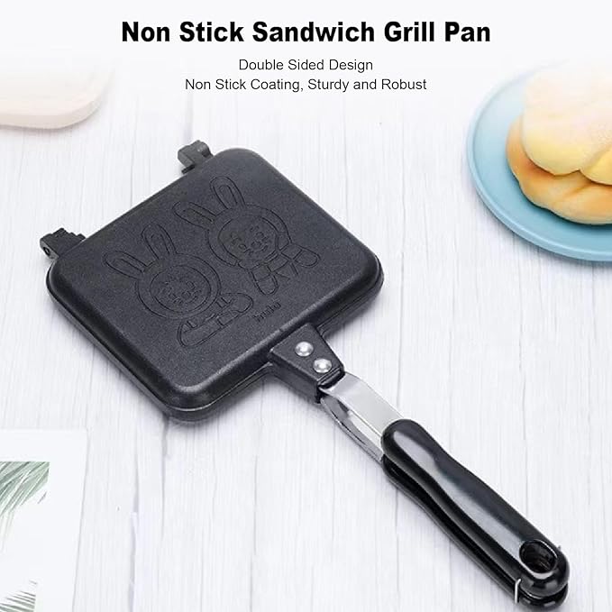 Sandwich Maker, Double Sided Rabbit Pattern Non Stick Stove Top Panini Press Pan with Handle, Stovetop Toasted Sandwich Maker Aluminum Flip Pan for Home Kitchen