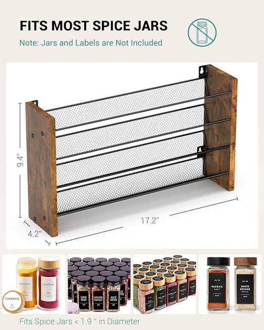 NESAPTO Spice Rack Organizer for Cabinet, Wooden 4 Tier Vertical Seasoning Organizers for Kitchen Pantry, Countertop/Wall Mount, Holds 36 Spice Jars (No Jars Included), 17.2" W × 9.4" H